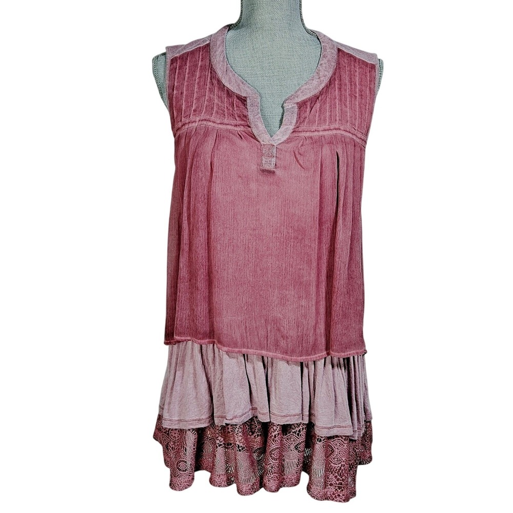 Artesia Womens Mauve Tiered Lace Trim Ruffle Sleeveless Tunic Top XL Boho Chic